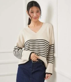 Stripe V-Neck Sweater -Karen Kane Store 1010FE31 3056 4A0D 91F9 15E945C14992