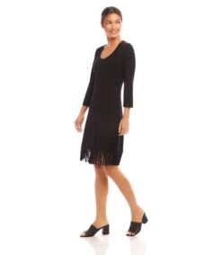 3/4 Sleeve Fringe Hem Dress 9 3/4 Sleeve Fringe Hem Dress -Karen Kane Store 1L14005 BLK karenkane 2025 Spring 00 2