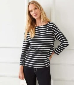 Stripe 3/4 Sleeve Boatneck Top
