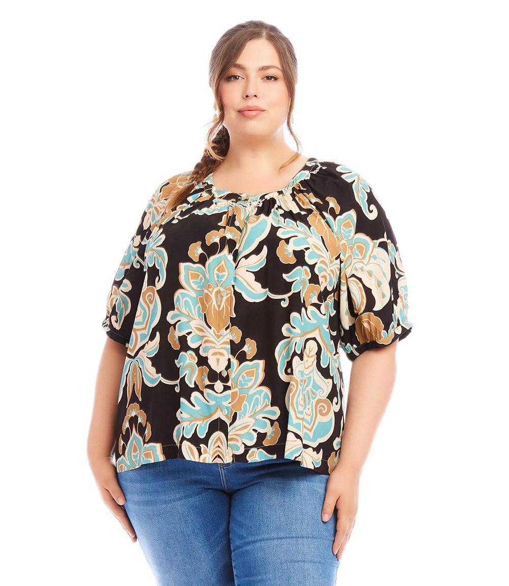 Plus Size Short Sleeve Peasant Button-Front Top 3 Plus Size Short Sleeve Peasant Button-Front Top