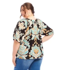 Plus Size Short Sleeve Peasant Button-Front Top 8 Plus Size Short Sleeve Peasant Button-Front Top -Karen Kane Store 1L20301W PRT karenkane 2025 Spring 00 3