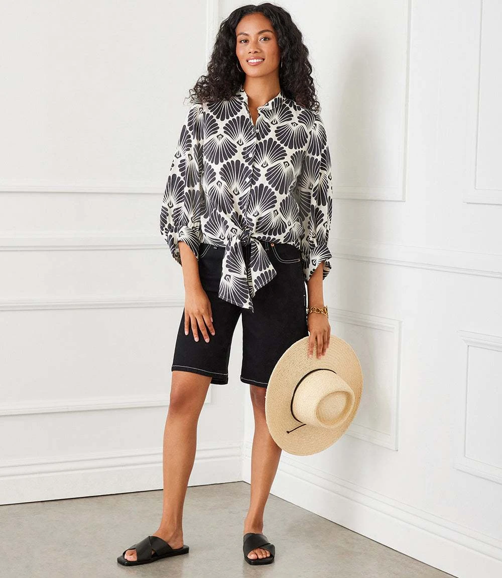 Petite Size Blouson Sleeve Linen Tie-Front Top 3 Petite Size Blouson Sleeve Linen Tie-Front Top