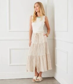 Metallic Stripe Tiered Midi Skirt