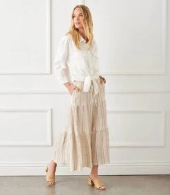 Metallic Stripe Tiered Midi Skirt -Karen Kane Store 1L24600 STP karenkane 2025 Spring 000
