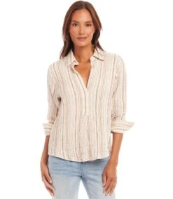 Metallic Stripe Ruched Sleeve Shirt -Karen Kane Store 1L24602 STP karenkane 2025 Spring 00 1