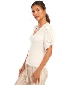 Petite Size Ribbed Twist Sleeve V-Neck Top -Karen Kane Store 1L27202P ECR karenkane 2025 Spring 00 4
