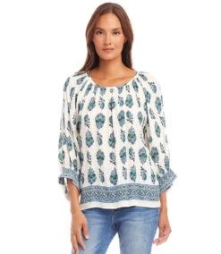 Border Print Blouson Sleeve Top
