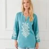 3/4 Sleeve Embroidered Tunic -Karen Kane Store 1L70226 AQU karenkane 2025 Spring 00