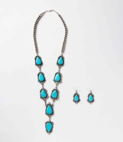 Turquoise Stone Lariat Necklace And Earrings Set