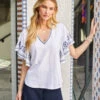 Petite Size Embroidered Flutter Sleeve Top -Karen Kane Store 2L21701P owh karenkane 2025 Summer 00 8