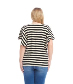 Plus Size Stripe Flutter Sleeve V-Neck Top -Karen Kane Store 2L25400W BLC KK 2025 Summer 00 3