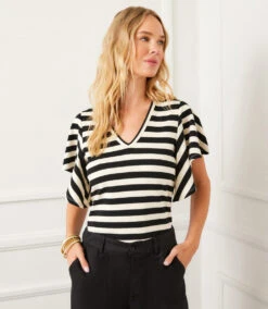 Stripe Flutter Sleeve V-Neck Top -Karen Kane Store 2L25400 BLC KK 2025 Summer 00 5
