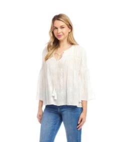 Flare Sleeve Embroidered Pintuck Detail Top -Karen Kane Store 2L30200 OWH KK 2025 Summer 00 2