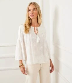 Flare Sleeve Embroidered Pintuck Detail Top