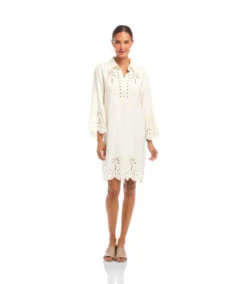 Flare Sleeve Cutout Embroidered Shirtdress