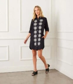 Roll Tab Embroidered Shirtdress