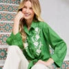 Blouson Sleeve Embroidered Tie-Front Top