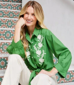 Blouson Sleeve Embroidered Tie-Front Top