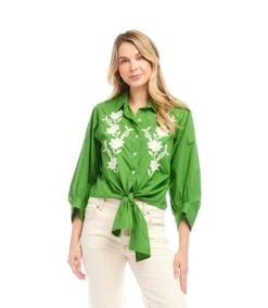 Blouson Sleeve Embroidered Tie-Front Top -Karen Kane Store 2L70118 GRE KK 2025 Summer 00 3