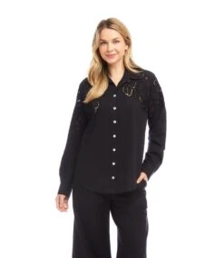 Long Sleeve Cutout Embroidery Shirt -Karen Kane Store 2L70120 BLK karenkane 2025 Summer 00 1