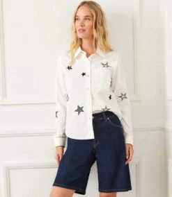 Long Sleeve Embroidered Star Shirt -Karen Kane Store 2L70122 OWN karenkane 2025 Summer 00 1