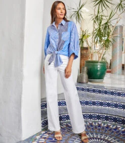 Blouson Sleeve Mixed Stripe Tie-Front Top