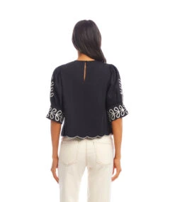 Petite Size 3/4 Sleeve Embroidered Scallop Top -Karen Kane Store 2L70250P BLC KK 2025 Summer 00 4