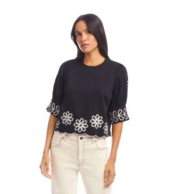 3/4 Sleeve Embroidered Scallop Top -Karen Kane Store 2L70250 BLC KK 2025 Summer 00 2