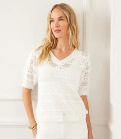 Short Sleeve Crochet V-Neck Top -Karen Kane Store 2L70260 OWH KK 2025 Summer 00 6