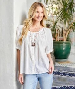 Petite Size Short Sleeve Embroidered Peasant Top -Karen Kane Store 2L70277P OWH karenkane 2025 Summer 00 4 2cafdedb 2645 4c2a b977 24ae3dc63220