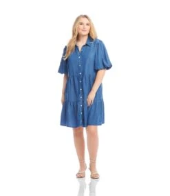 Plus Size Puff Sleeve Tiered Shirtdress
