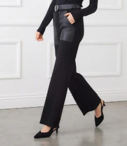 Contrast Faux Leather Pocket Wide-Leg Pants