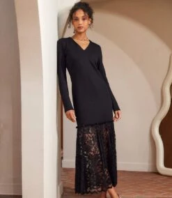 Long Sleeve Contrast Lace V-Neck Column Dress -Karen Kane Store 3L08704 BLK karenkane 2025 fall 00 1