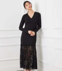 Long Sleeve Contrast Lace V-Neck Column Dress -Karen Kane Store 3L08704 BLK karenkane 2025 fall 00 5