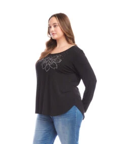 Plus Size Long Sleeve Embellished Shirttail Top -Karen Kane Store 3L13044W BLK karenkane 2025 fall 00 2
