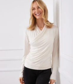 Petite Size Long Sleeve Crossover Side-Shirred Top -Karen Kane Store 3L13047P ECR karenkane 2025 fall 00 2