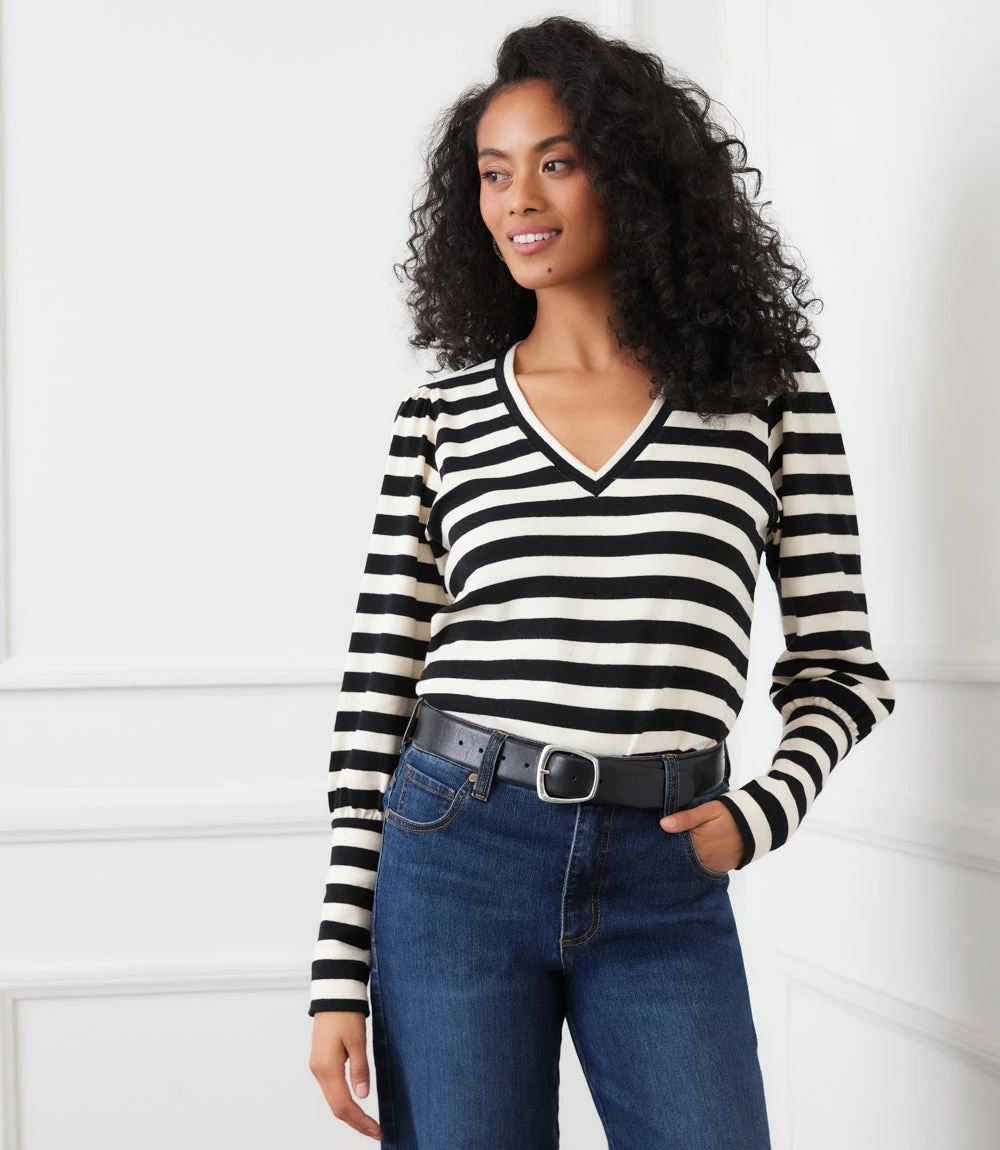 Petite Size Stripe Bishop Sleeve V-Neck Top 5 Petite Size Stripe Bishop Sleeve V-Neck Top - Image 3