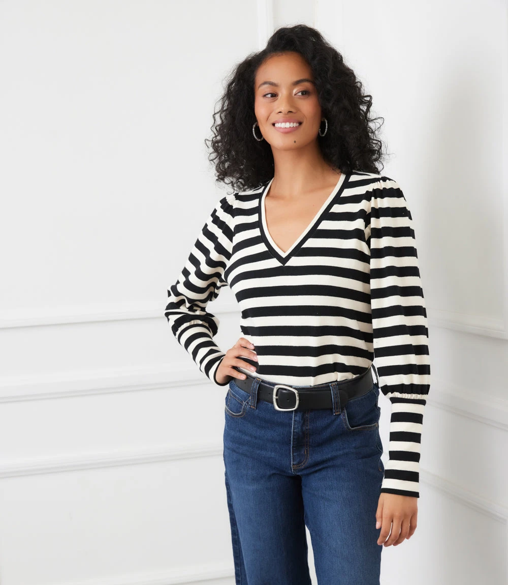 Petite Size Stripe Bishop Sleeve V-Neck Top 3 Petite Size Stripe Bishop Sleeve V-Neck Top
