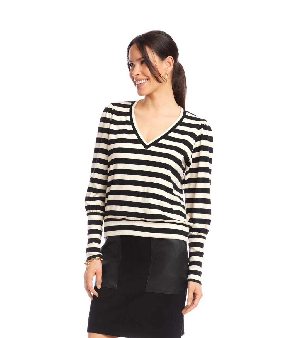 Petite Size Stripe Bishop Sleeve V-Neck Top 6 Petite Size Stripe Bishop Sleeve V-Neck Top - Image 4