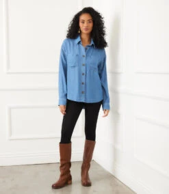 Long Sleeve Soft Denim Shirt Jacket 18 Long Sleeve Soft Denim Shirt Jacket -Karen Kane Store 3L33300 DEN karenkane 2025 fall 00 1