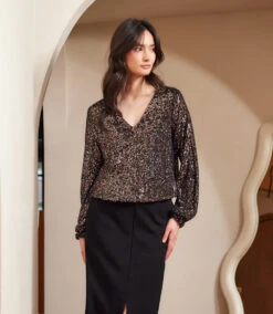 Blouson Sleeve Sequin V-Neck Top