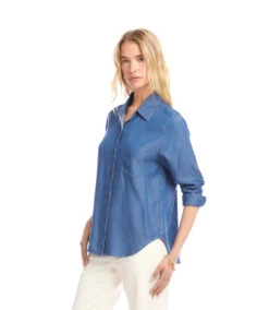 Ruched 3/4 Sleeve Button-Up Shirt -Karen Kane Store 3L46500 CHA karenkane 2025 fall 00 3