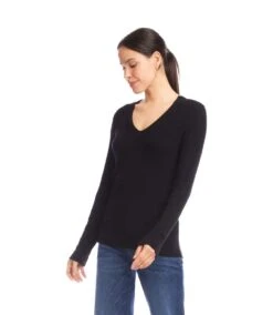 Long Sleeve Ribbed V-Neck Top -Karen Kane Store 3L56018 BLK karenkane 2025 fall 00 2