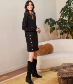 Petite Size Long Sleeve V-Neck Button Detail Dress -Karen Kane Store 3L57519P BLK karenkane 2025 fall 00 2