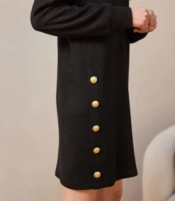 Petite Size Long Sleeve V-Neck Button Detail Dress -Karen Kane Store 3L57519P BLK karenkane 2025 fall 00 3