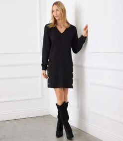Long Sleeve V-Neck Button Detail Dress -Karen Kane Store 3L57519 BLK karenkane 2025 fall 00 4