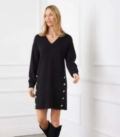 Long Sleeve V-Neck Button Detail Dress -Karen Kane Store 3L57519 BLK karenkane 2025 fall 00 5