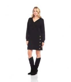 Long Sleeve V-Neck Button Detail Dress -Karen Kane Store 3L57519 BLK karenkane 2025 fall 00 7