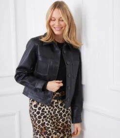 Petite Size Faux Leather Cropped Jacket -Karen Kane Store 3L69901P BLK karenkane 2025 fall 00 5