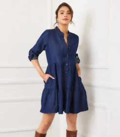 Petite Size Roll Tab Tiered Shirtdress